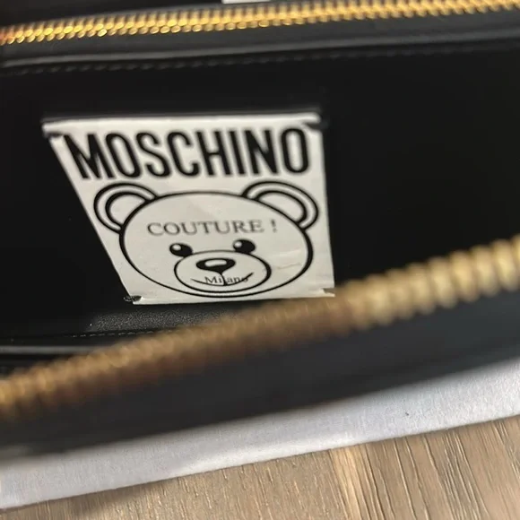 Moschino Bear Logo Embroidered Leather Wristlet Wallet